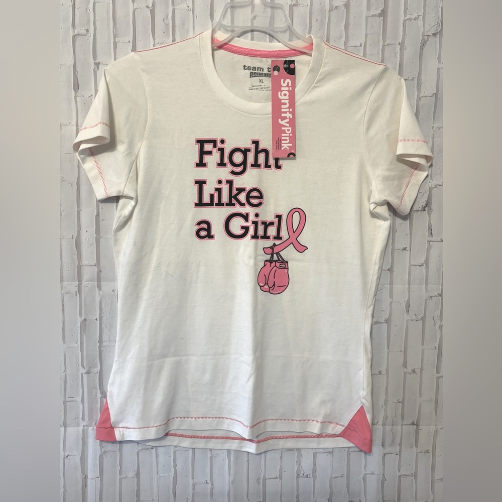 White and Pink Short Sleeve Tee with Motivational Breast Cancer Graphic - Picture 2 of 4